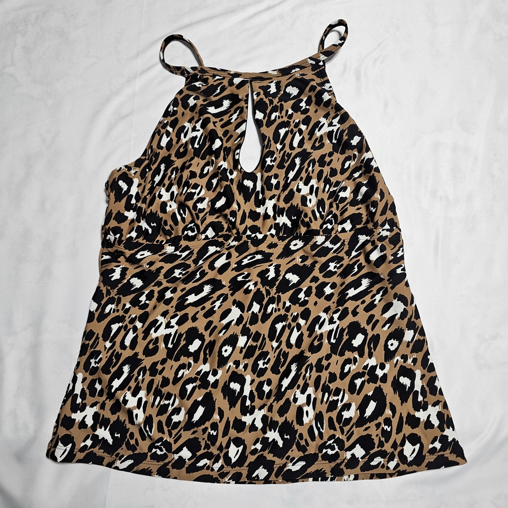 Ellen Tracy Leopard Print Tankini Top Brown Black High Neck Keyhole Size 14